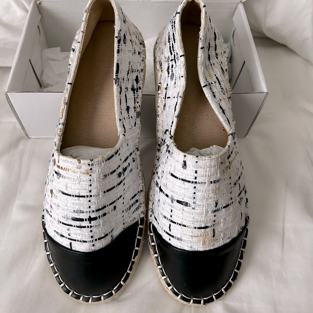 SHEIN espadrilles never been worn brand NEW black tip toe and white and beige